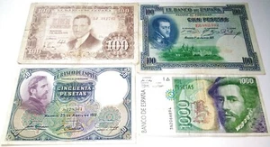 SPAIN LOT of 4 LOVELY OLD BANKNOTES 1925-92 Fantastic Designs & Colors!! MOST VF - Picture 1 of 2