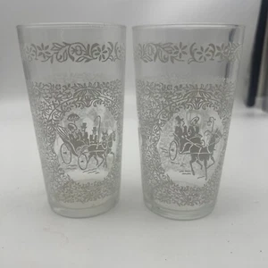 Hazel Atlas Monticello White Winter Horse & Buggy Carriage Glass Tumbler Set 2 - Picture 1 of 5