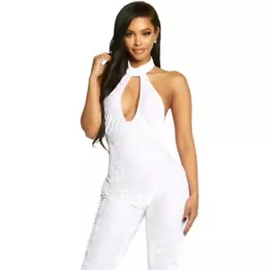 White Velvet Catsuit Sleeveless Halter Neck Keyhole Open Backless 113511 L/XL - Picture 1 of 7