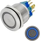 Stainless steel Push button Flat 25mm Ring LED Blue IP65 2,8x0,5mm Pins 250V 3A