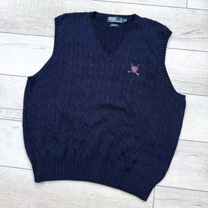 Polo Ralph Lauren Cable Knit Sweater Vest Navy Men sz XL Crest Logo 100% Cotton - Picture 1 of 6