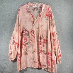 Susan Graver Women's Plus Sheer Pink Floral Top Long Sleeve V Neck Size 2XL - Picture 1 of 10