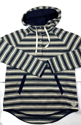 Eddie Bauer 女式 1/2 Snap 套衫抽绳条纹连帽衫袋鼠口袋 szL — 第 1/4 张图片