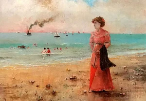 Oil Alfred Stevens jeune femme a lombrelle rouge au bord de la mer lady seaside - Picture 1 of 1