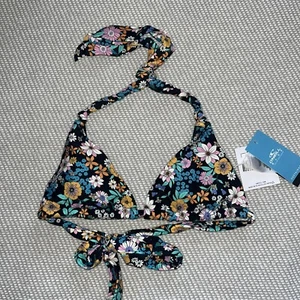 Oneill Black Multi Floral Halter Tatum Thalia Triangle Tie Back Bikini Top Sz M - Picture 1 of 5
