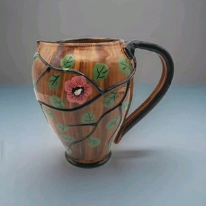 Italy Pitcher Hand Made NSP Pottery Brown Floral Pink Flowers Handle Vintage - Picture 1 of 12