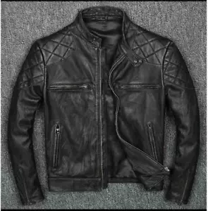 Men’s Motorcycle Biker Vintage Cafe Racer Distressed Black Real Leather Jacket - Picture 1 of 2