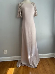 Badgley Mischka Colllection Textured Crepe Pale Pink Sequin Embellished Gown 4 - Picture 1 of 13