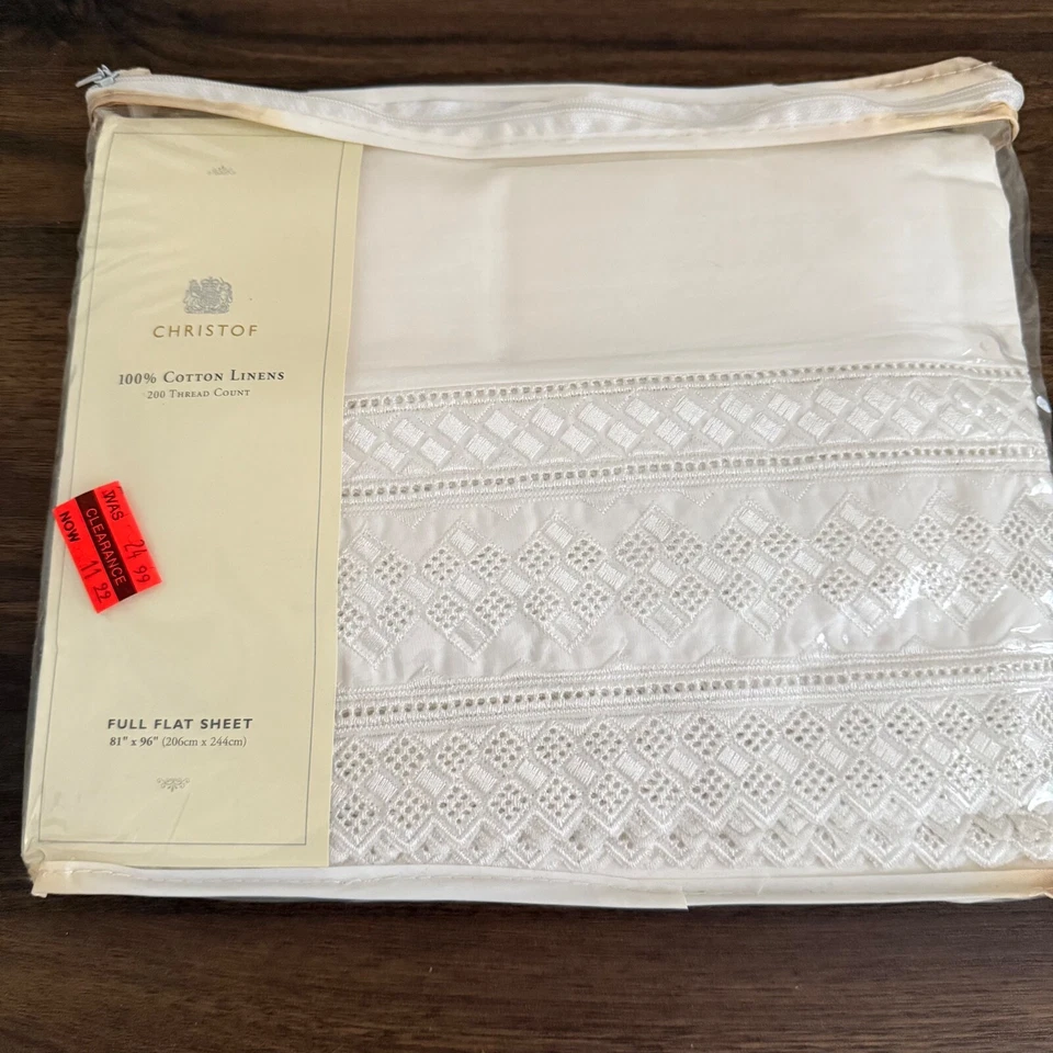 Vintage Christof Flat Sheet Full White Embroidered Eyelet Trim 100% Cotton NEW - Image 1 of 4