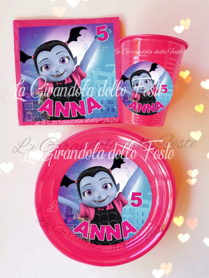 KIT 24pz PIATTI BICCHIERI VAMPIRINA YOYO NOME Festa Party Tavola ADDOBBI bambina - Immagine 1 di 1