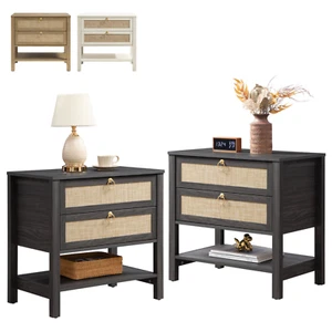 Set Of 2 Rattan Nightstands Modern Bedside End Tables Bedroom Storage Cabinet - Picture 1 of 19