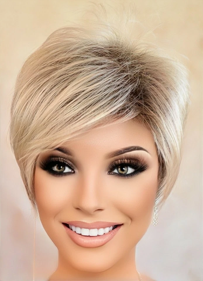 Synthetic Short Hair Wig for Women Color Pale Cedar Rooted Blonde Cute 1207