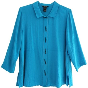 Ali Miles Size L Blue Black Collared Long Sleeve Fang Button Lagenlook Tunic - Picture 1 of 6