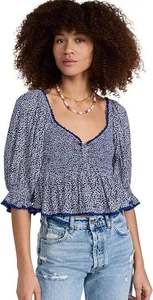 NWT Free People Medium Blue Combo Britnee Floral Daisy Crop Peplum Top - Picture 1 of 7