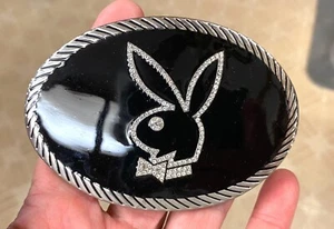 Vintage Large Silver T. Metal Black Enamel Rhinestone PLAYBOY Bunny Belt Buckle - Picture 1 of 4