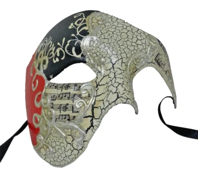 QUALITY BLACK RED & SILVER HALF FACE PHANTOM MUSICAL NOTES MASQUERADE MASK - Image 1 of 4