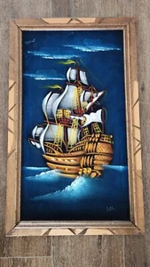 Bel quadro su velluto di una nave in mare cornice 22,5 x 13,5 - Foto 1 di 2