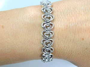 Sterling Silver 925 Double Heart 7.5" Chain Bracelet with Diamond Accents 27.7 g - Picture 1 of 7