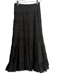 Gonna lunga a strati solitario con volant donna nera 3X vintage foderata estiva boho - Foto 1 di 10