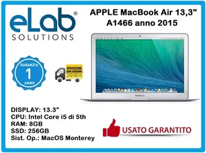 Apple MacBook Air 13" A1466 anno 2015, Intel i5 5th Gen, 256GB SSD 8GB RAM - Foto 1 di 1