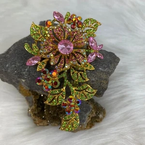 Rhinestone Pink AB Green Gold Tone Large Flower Brooch 3.25" X 2" - Picture 1 of 9