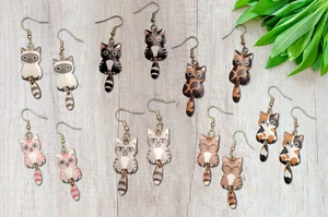 Cats w/ Dangling Tails, Earrings, Jewelry, Enamel Colored Metal 1.5 inch long - Picture 1 of 13