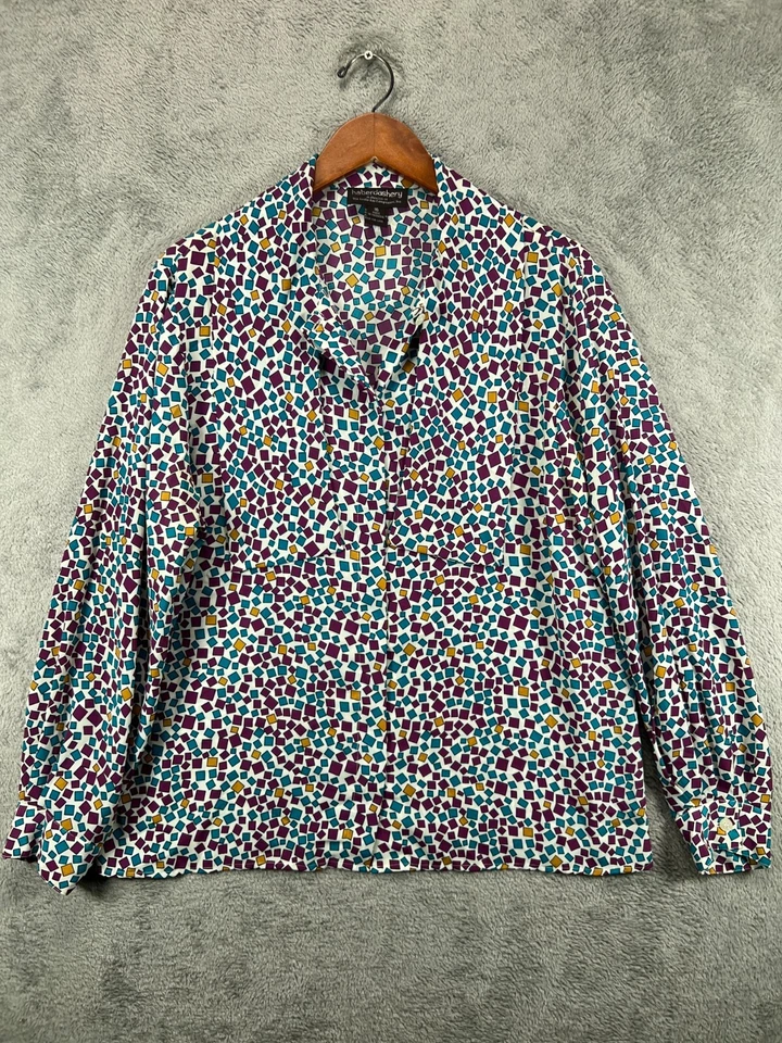 Винтажный Haberdashery Leslie Fay женщин 16 блузка фиолетовый геометрический кнопка длинным рукавом - Изображение 1 из 4