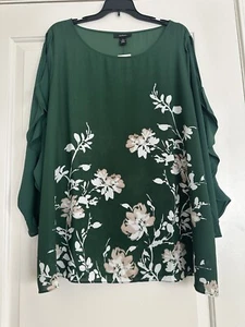 Alfani Forest Green Floral Ruffle Cold Shoulder Open Sleeve Blouse Top XL - Picture 1 of 11