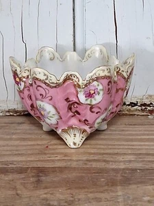 Antico piatto condimento caramelle porcellana rosa smerlato bordo oro dipinto a mano - Foto 1 di 12