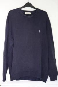 Yves Saint Laurent Knit Jumper Mens Large Navy Crew YSL Logo Sweater Vtg - Picture 1 of 10