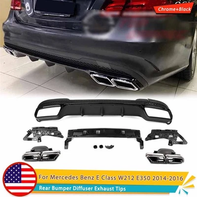 Rear Bumper Diffuser+Chrome Exhaust Tips For Mercedes E Class W212 2014-2016 - Image 1 of 4
