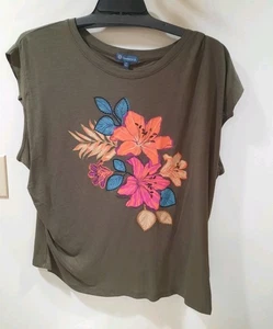 Neu Democracy Origami Ärmel U-Ausschnitt Blumenmuster Siebdruck Top Größe 1x grün - Bild 1 von 13