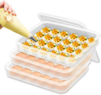 3PCS Deviled Egg Platter and Carrier With Lid 72Egg Slots for Party Home Kitchen