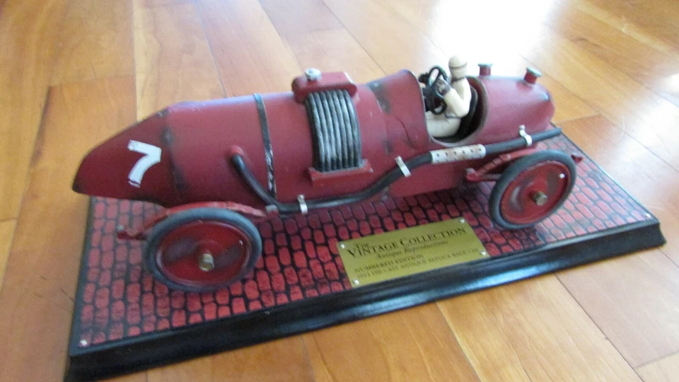  1910 Indy type tin race car 11" long wood base Enesco collection Lou Chevrolet - Image 1 of 4