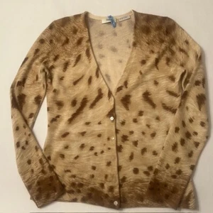 Neiman Marcus Sweater Women's Size M 100% Cashmere Tan Animal Print Button Up - Picture 1 of 7