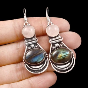 Labradorite, Rose Quartz Gemstone 925 Sterling Silver Handmade Earring S-40 - Picture 1 of 5