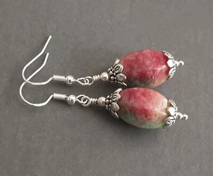 Orecchini grandi multicolore ovale giada rosa verde argento sterling 925 gancio gioielli - Foto 1 di 6