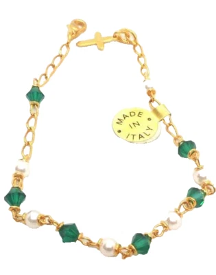 18K Gold-plated Emerald Crystal - Pearls Bracelet Made in Italy - Image 1 of 3