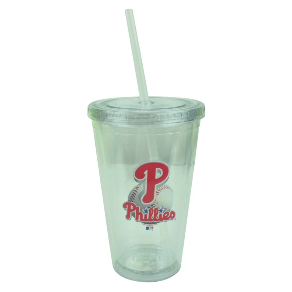 MLB Philadelphia Phillies Tumbler Cup Straw Lid 16oz Water Liquid Plastic Clear  - Image 1 of 1