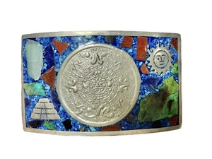 Vtg 925 Southwestern Belt Buckle Turquoise Onyx Coral Mex 72g Sun God Calendar - Picture 1 of 9