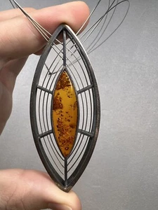 VINTAGE AMBER STERLING Cable Necklace 23", Modernist Amber Jewelry Design - Picture 1 of 14
