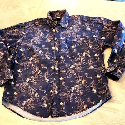 Crossings Men's Fly Fishing Lure Navy  Button Down Cotton Shirt Size M - Image 1 of 4