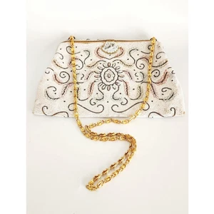 Vintage 50s Beaded Evening Bag in White France Elaborate Scrollwork Microbeading - Picture 1 of 17