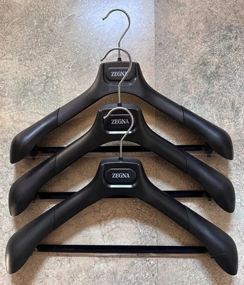 Lot of 3 Zegna Plastic Black Hangers Rubber Shoulders 17.5” Wide Made in Italy - Image 1 of 4