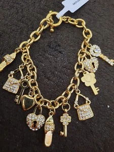 New Bracelet Crystal Yellow Gold-Plated Shoe, Purse, Heart Lock and Key Charm - Picture 1 of 5