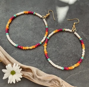 Beaded Hoop Earrings Sunset Boho HIPPIE FESTIVAL HANDMADE Dangly Hoops - Picture 1 of 4