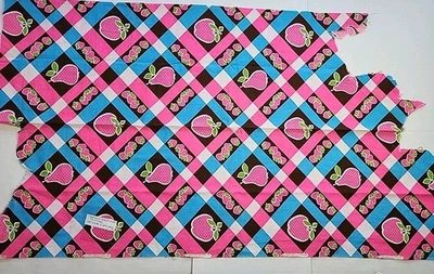 Marcus Bros Bright Blue Pink 70s Fruits Check Plaid Cotton Fabric 44x27 Remnant - Image 1 of 4