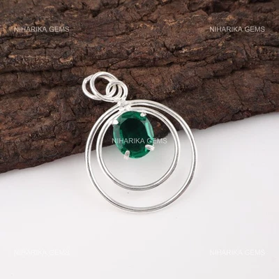 Oval Kunstdiamanten Grün Smaragd Edelstein Neu Jubiläum Wife Anhänger 925 Silber - Bild 1 von 4