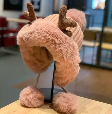 Women Winter Knit Hat with Antlers Plush Thick Beanie Ear Cover Deer Horn Cap - Image 1 of 4