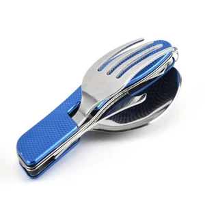 4-in-1 Outdoor Camping Cutlery Set Spoon Fork Knife Bottle Opener Blue Folding - Picture 1 of 5